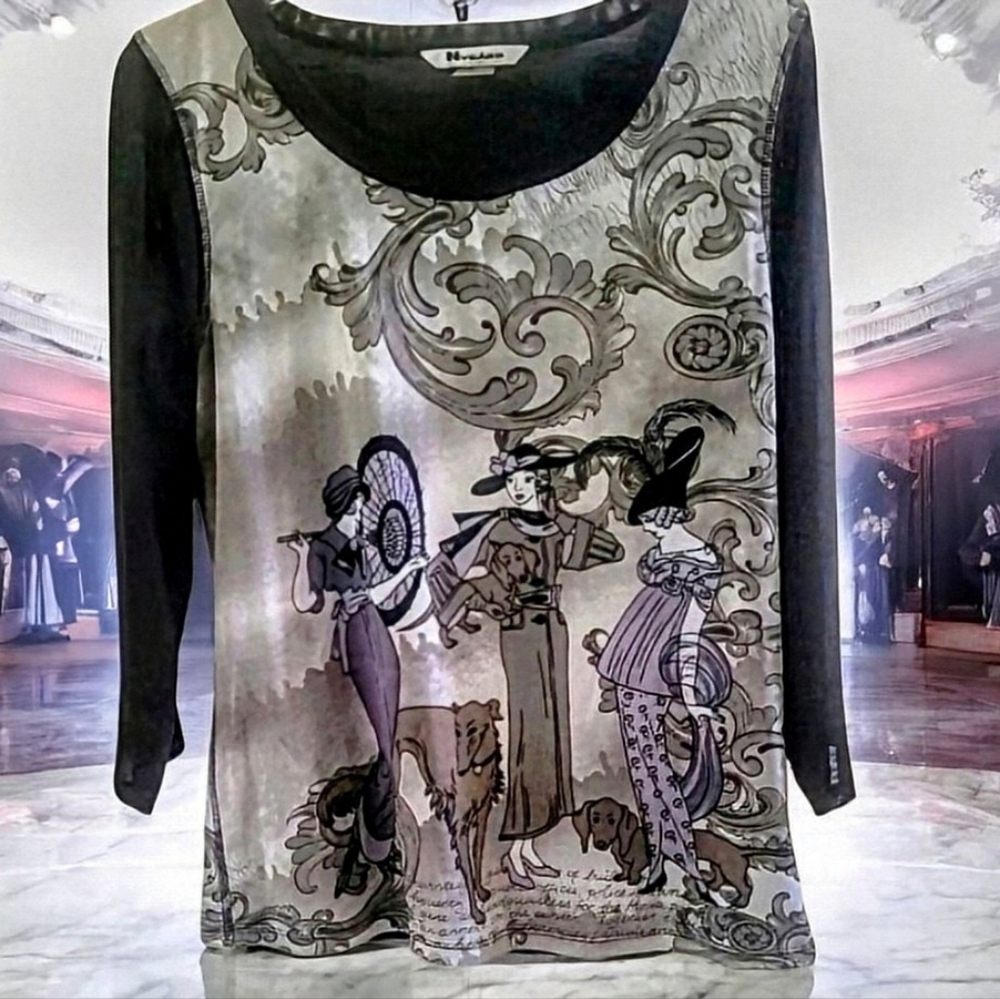 All Over MGM Print 3/4 Sleeve Sheer Arm Mesh. Longsleeve Dames & Dogs. L